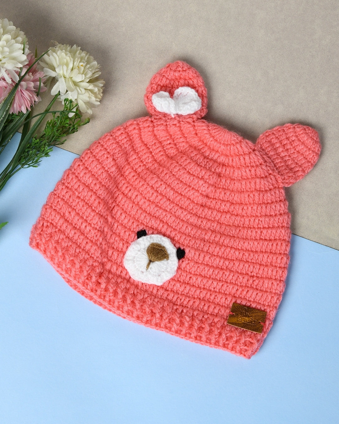 Pink Self Design Beanie Handmade Knitted Woollen Cap for Girls