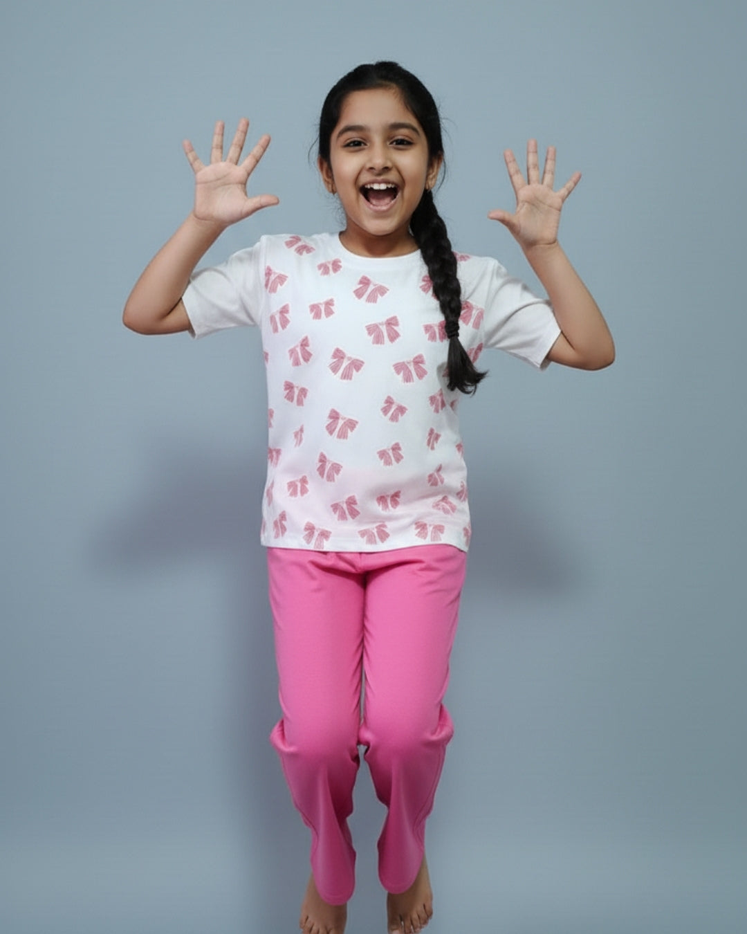 Bow Printed Premium Cotton Full Sleeves White T-Shirt with Pink Pyjama for Girls