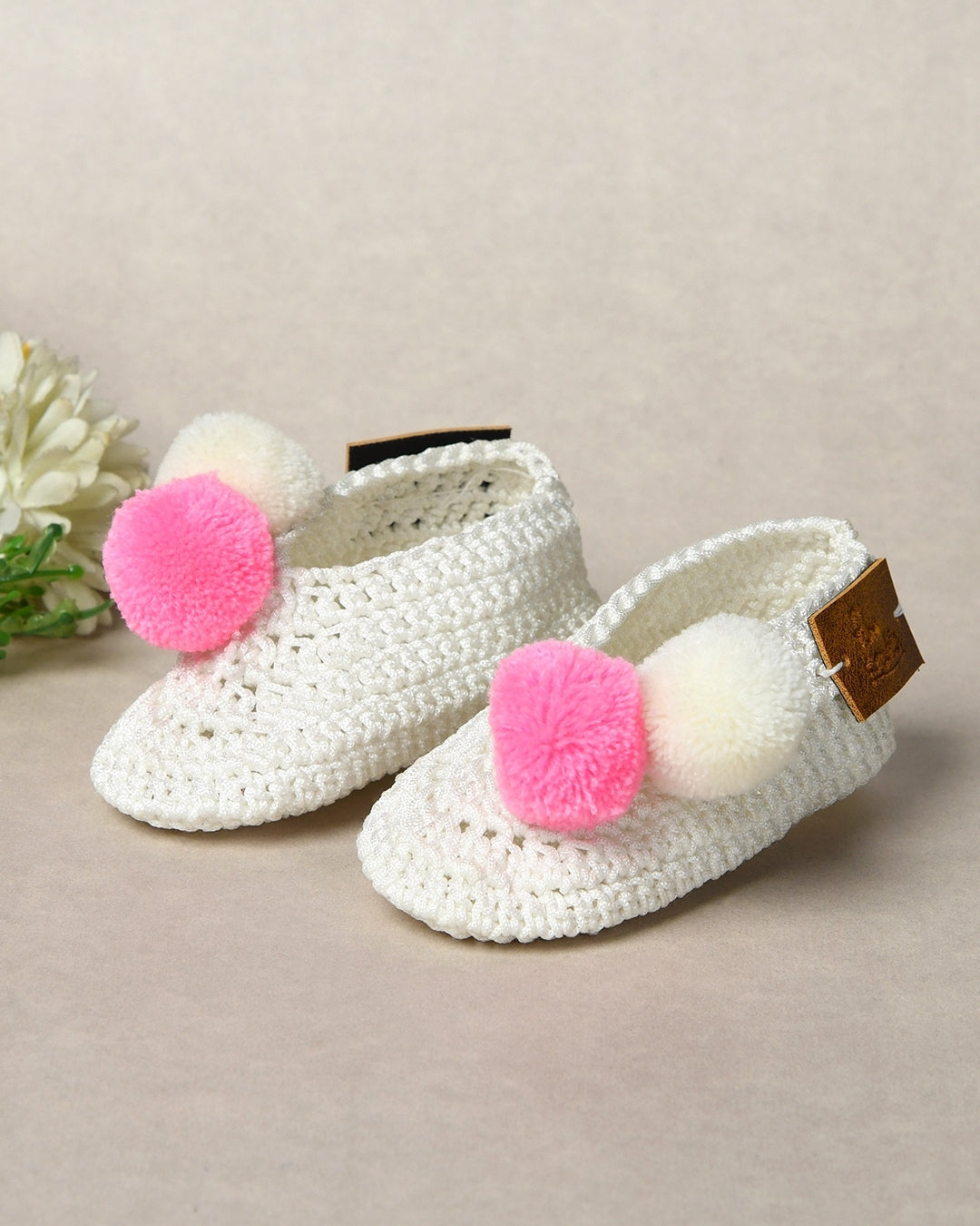 White & Pink Handmade Pom Pom Crochet Booties for Girls