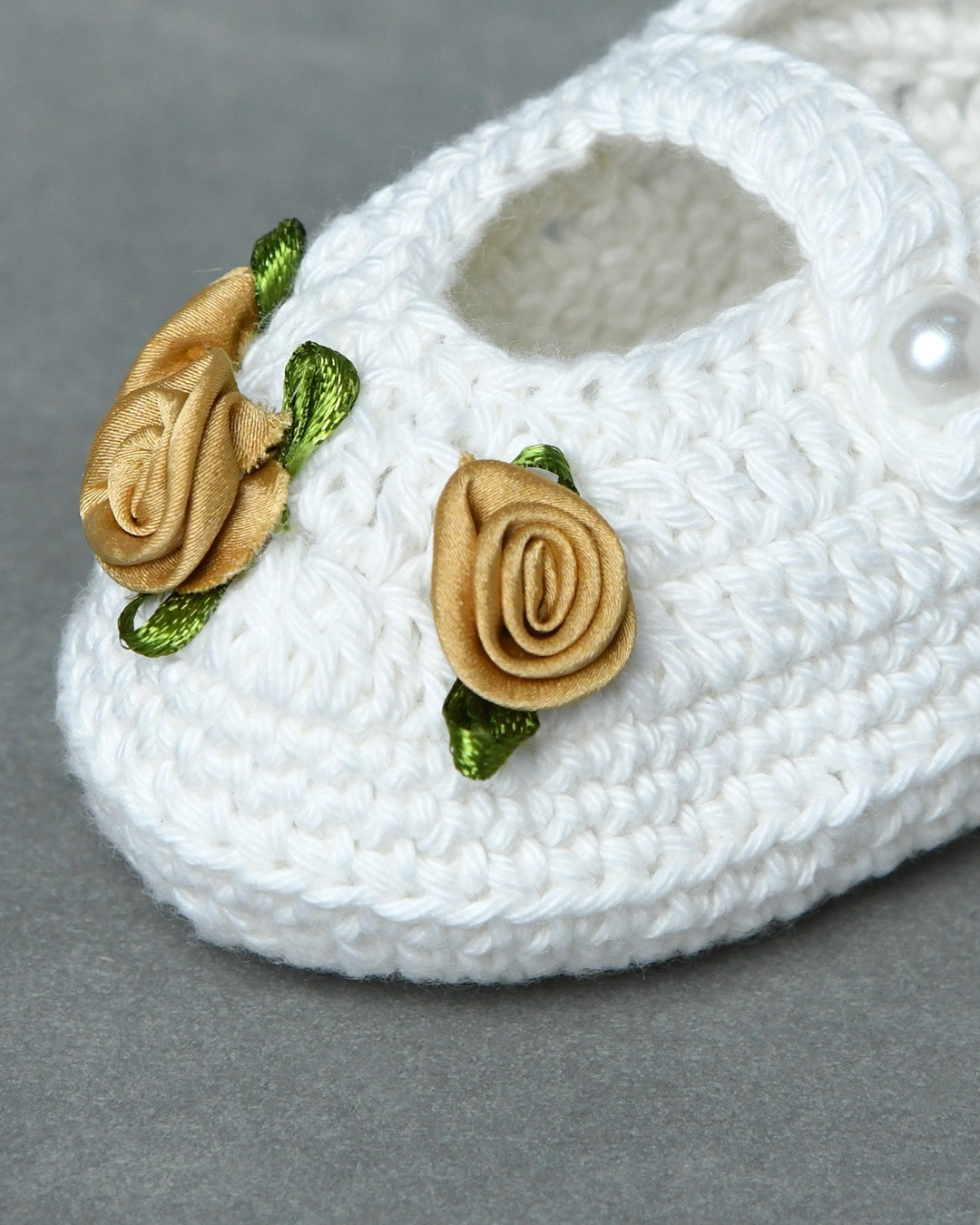 White Handmade Organic Thread Crochet Booties with Beige Floral Embellishment for Girls