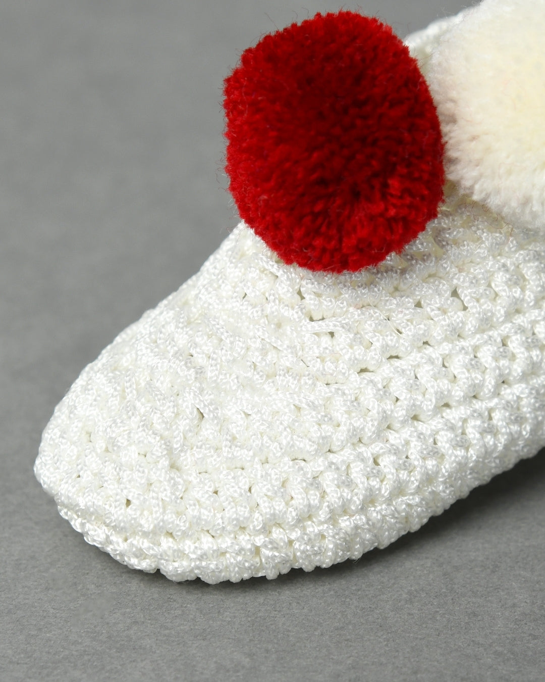 White & Red Handmade Pom Pom Crochet Booties for Girls