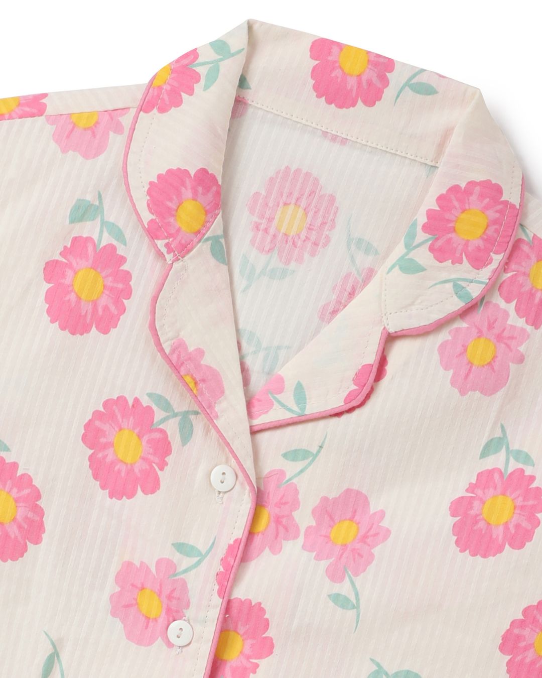 Off White & Pink Premium Cotton Full Sleeves Floral Printed Collar Style Nightsuit for Girls