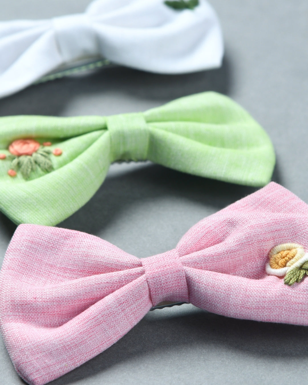 Pack Of 3 Linen Embroided Bow Hairclips - Multicolor