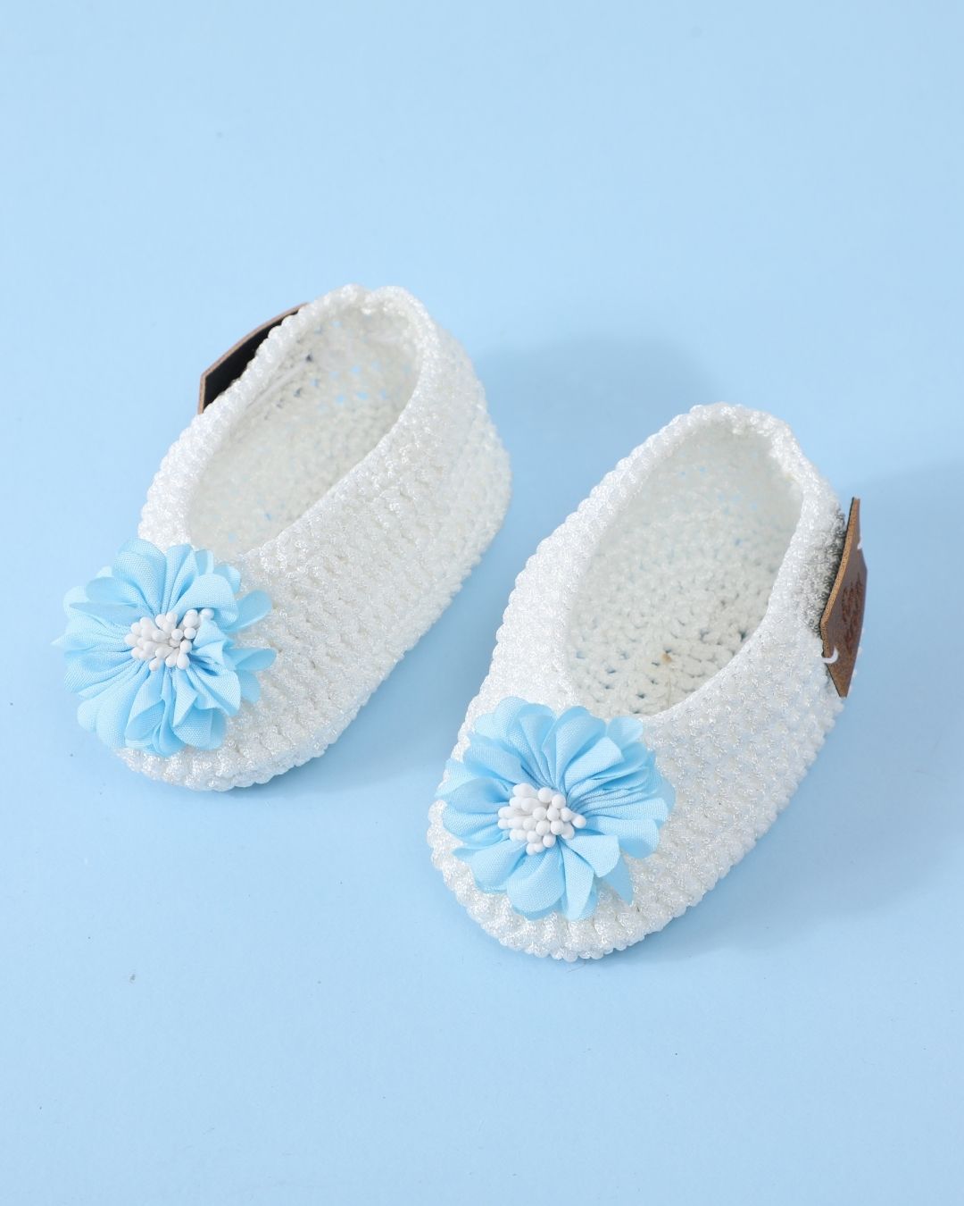 White Blue Handmade Crochet Baby Infant Girl Booties - Main Image