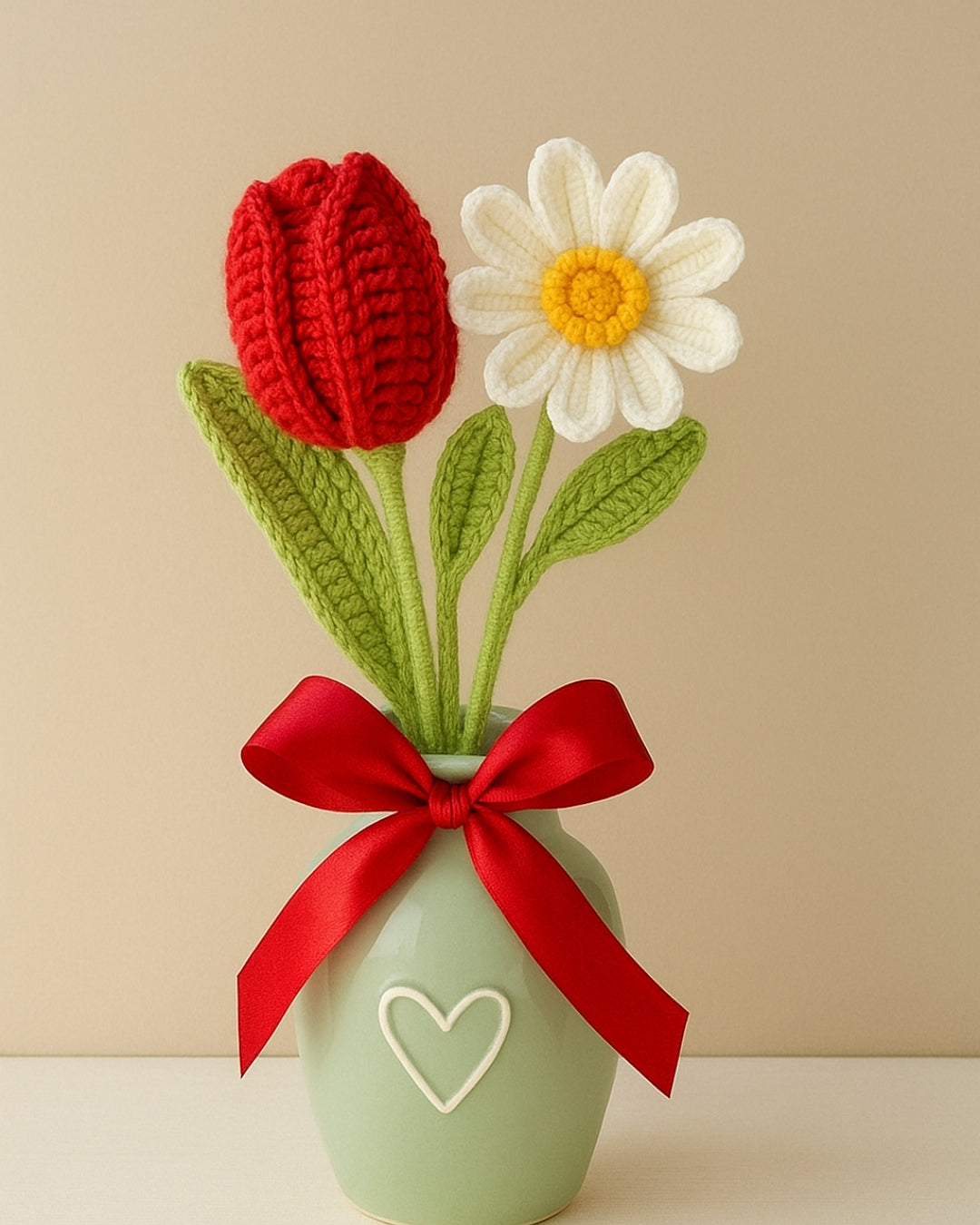 Handmade Crochet Red Tulip & Daisy Flower Bouquet