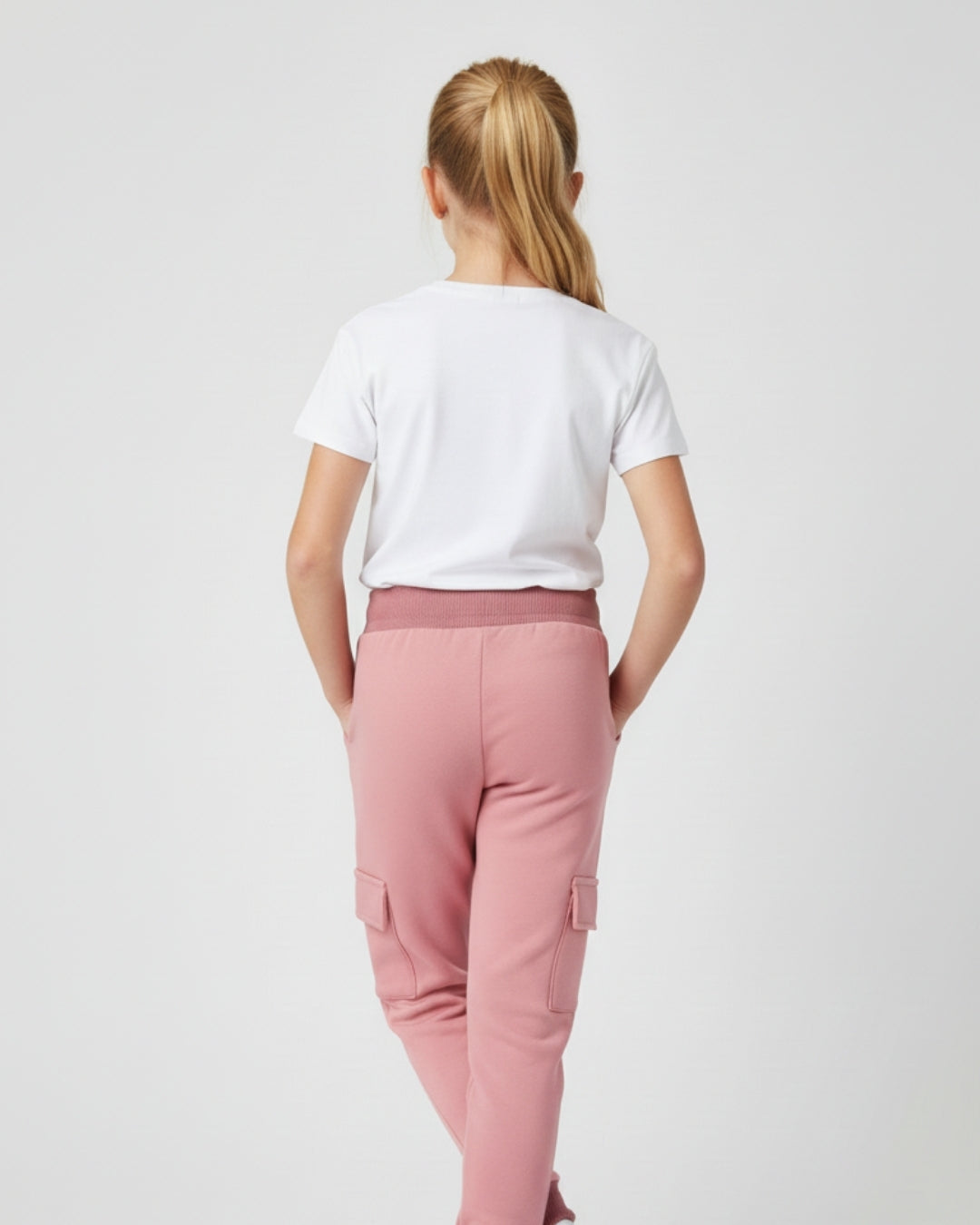 Pink Loop Knit Cotton Cargo Jogger with Pockets for Girls