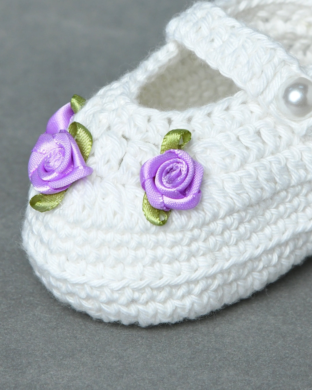 White Handmade Organic Thread Crochet Booties with Purple Floral Embellishment for Girls