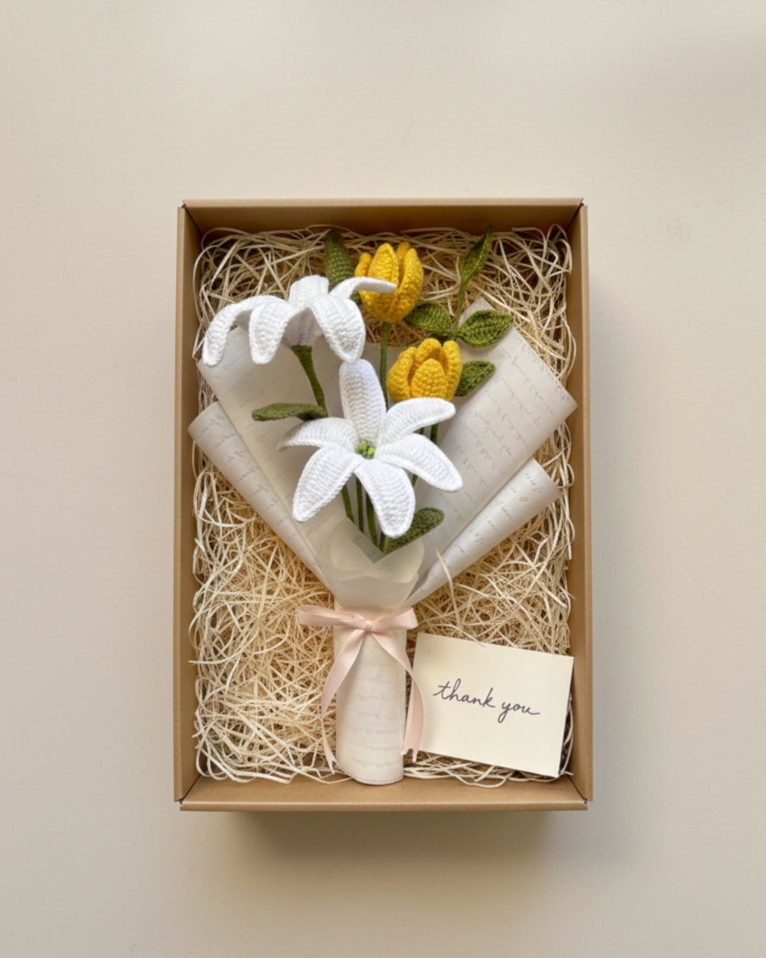 Handmade Crochet Premium Organic Thread White Lily & Yellow Tulip Bouquet