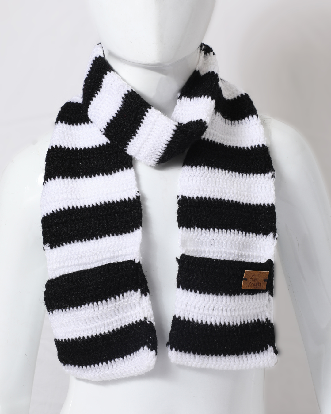 Black White Handmade Woollen Hand Knitted Muffler with Pockets for Kids