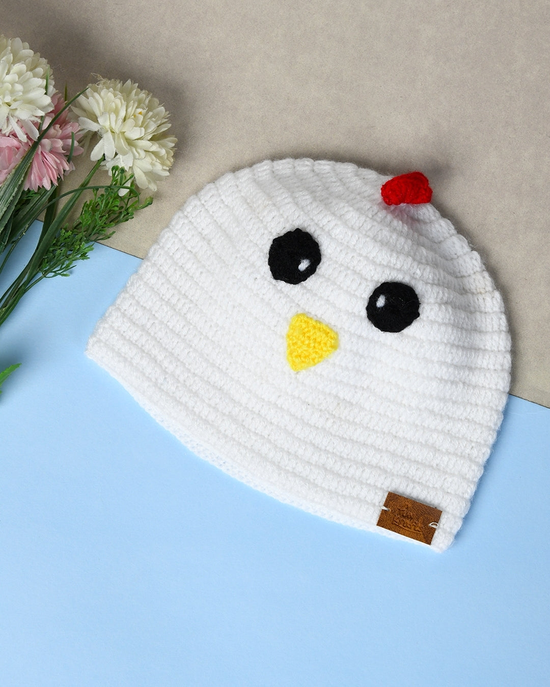 White Self Design Beanie Handmade Knitted Woollen Cap for Kids