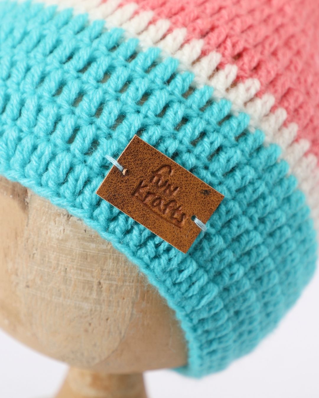 Peach & Green Self Design Beanie Handmade Knitted Pom Pom Woollen Cap for Kids