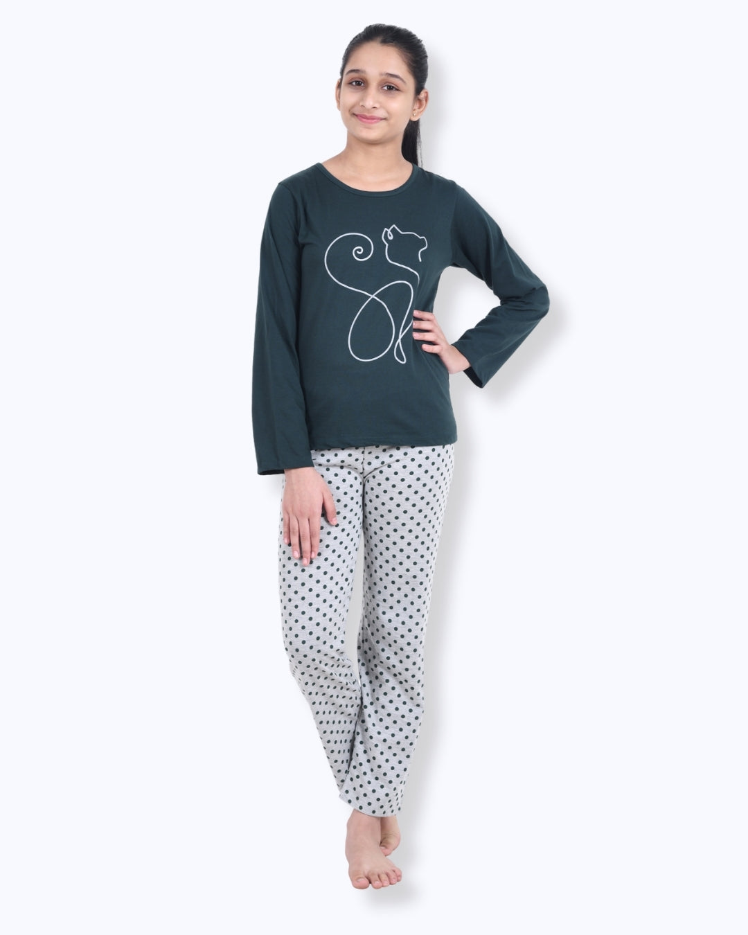 Green & Grey Cat Printed Cotton Girls Nightwear
