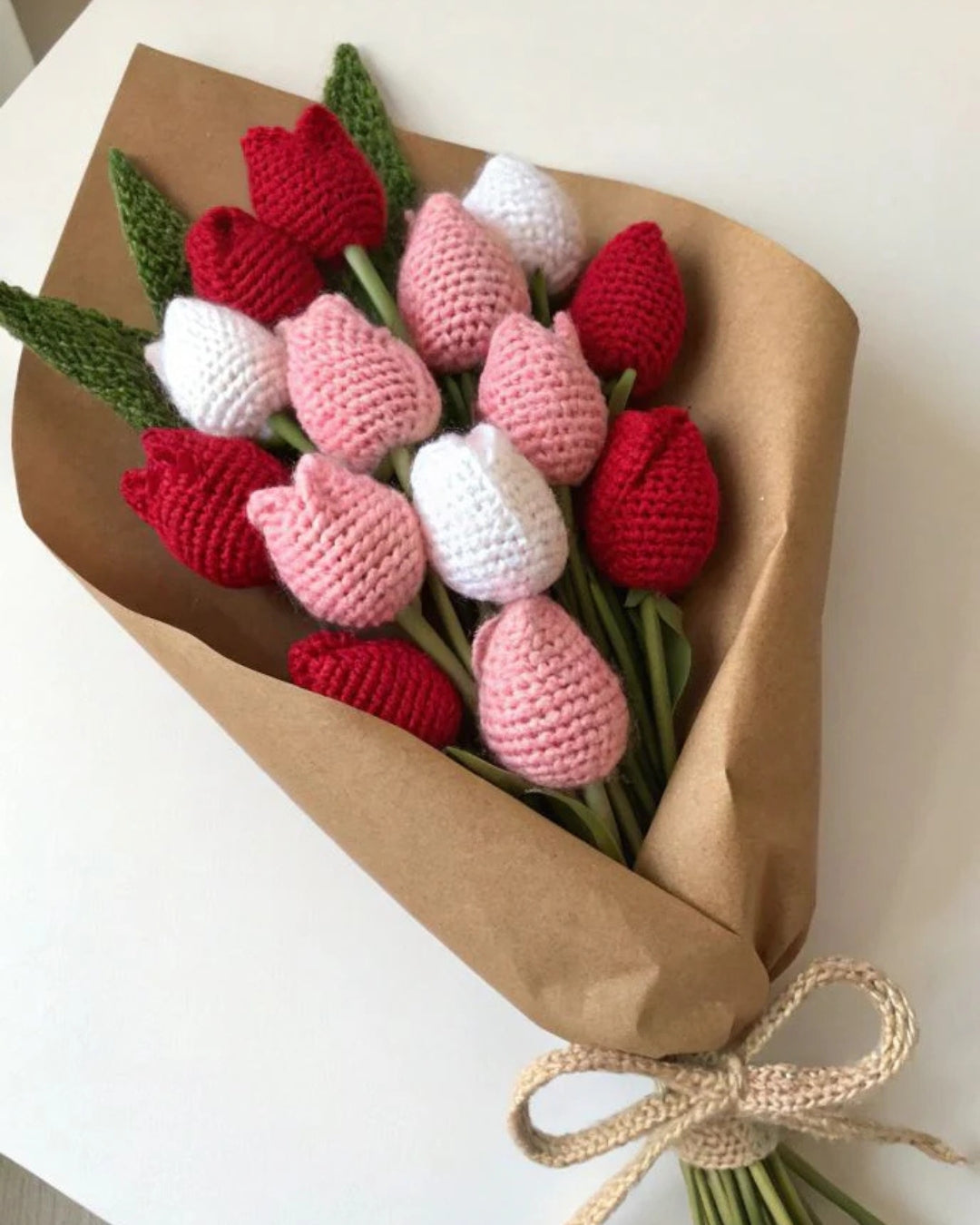 Handmade Crochet Red, Pink & White Tulip Bouquet