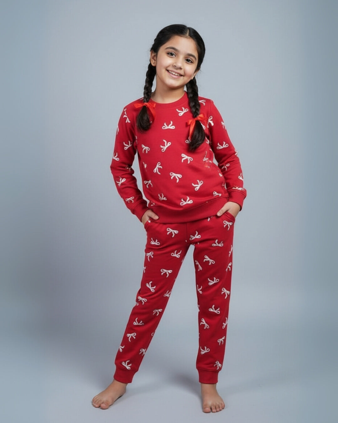 Red Signature Cotton Bow Printed Jogger Set for Girls