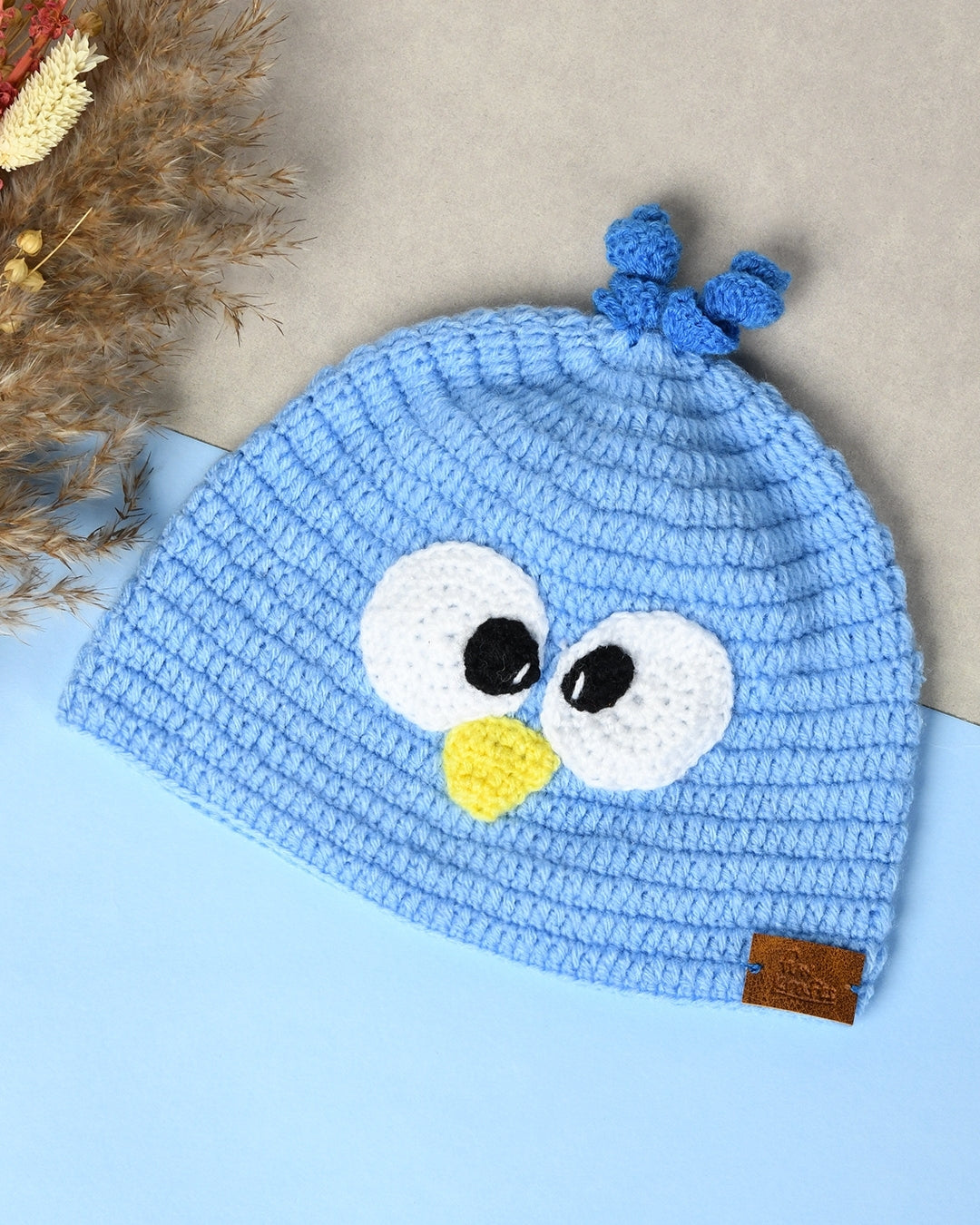 Blue Self Design Beanie Knitted Handmade Woollen Cap for Kids