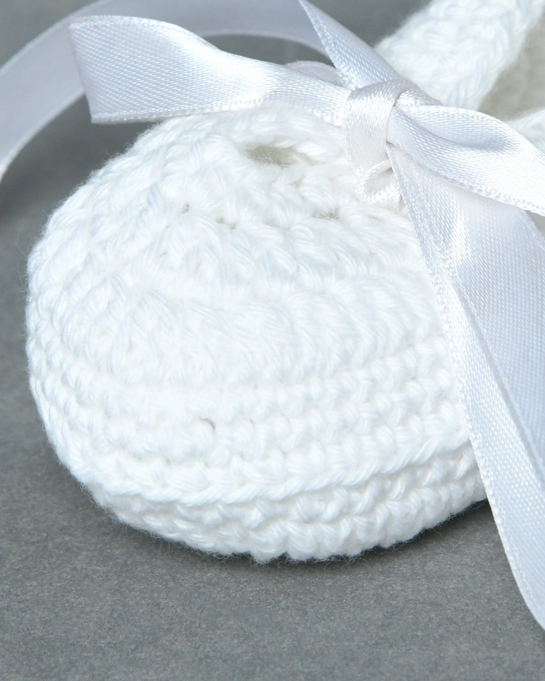 White Handmade Organic Thread Crochet Booties with Cute Bow Design