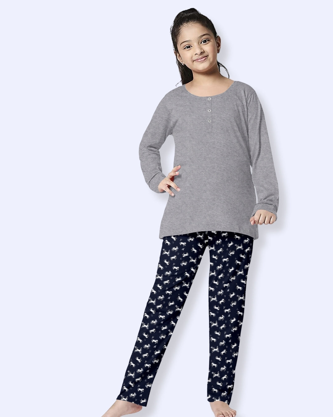 Grey Unicorn Printed Cotton Girls Night Suit