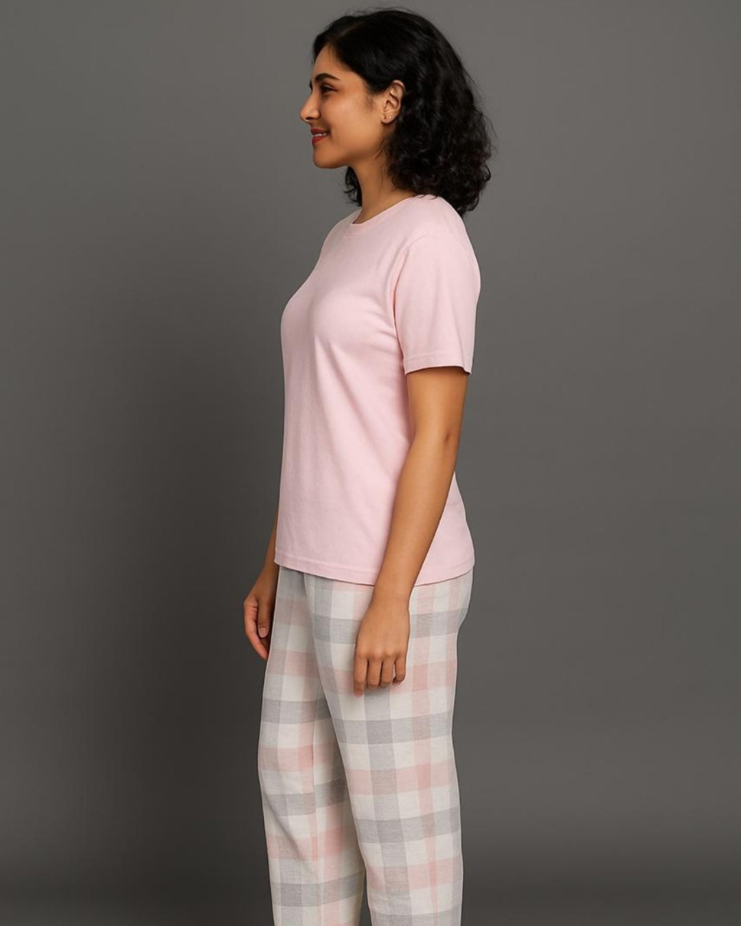 Light Pink Premium Cotton Check Printed T-Shirt & Pyjama Set for Women