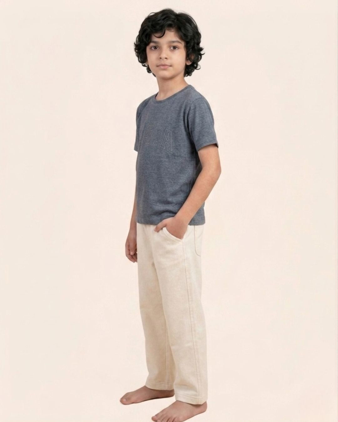 Navy Blue Stone Wash Solid T-Shirt with Off-White Bottom for Boys