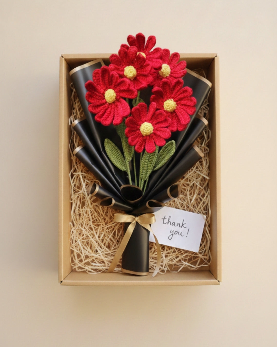 Handmade Crochet Red Daisy Flower Bouquet