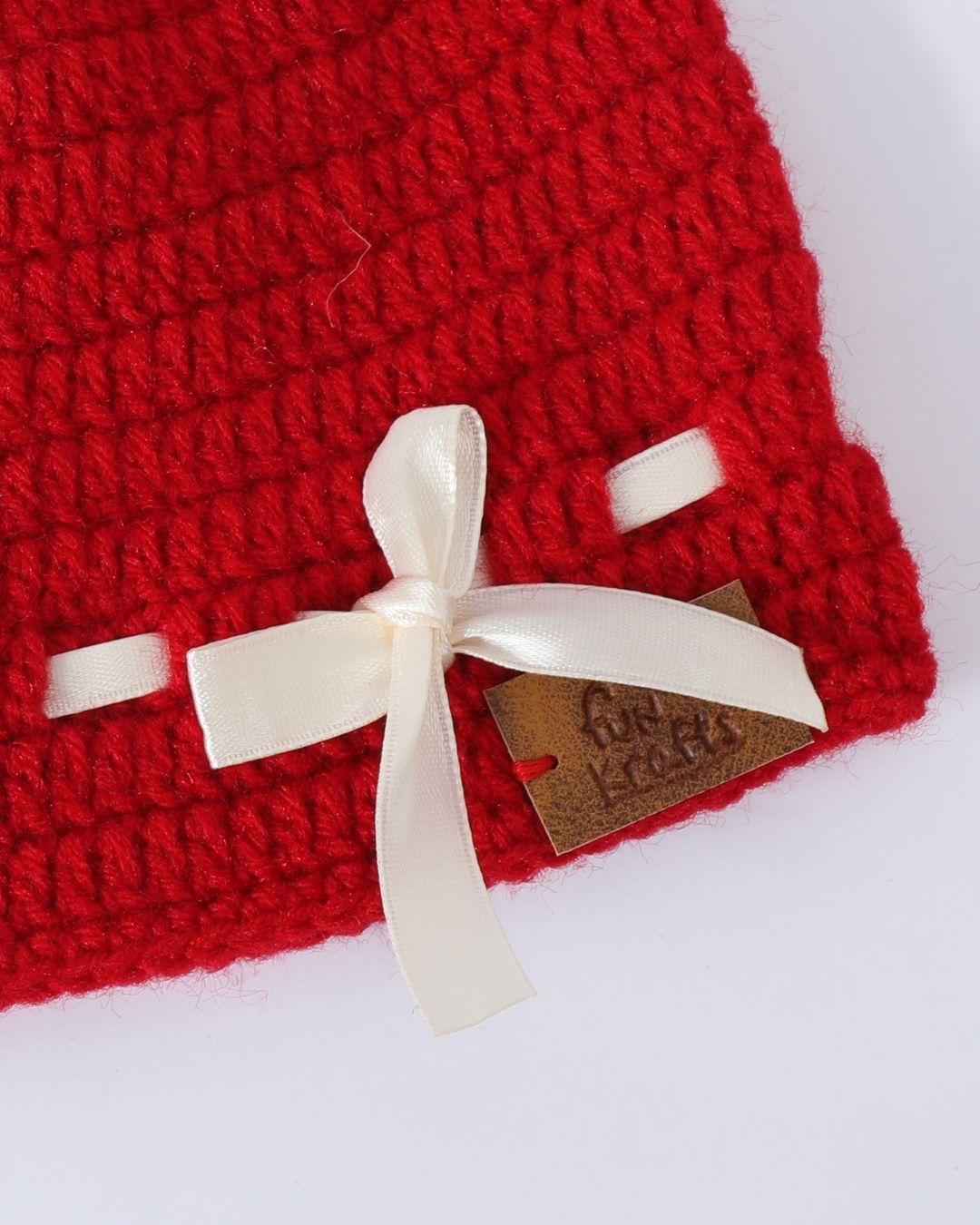 Red Self Design Beanie Handmade Knitted Woollen Cap for Girls & Boys
