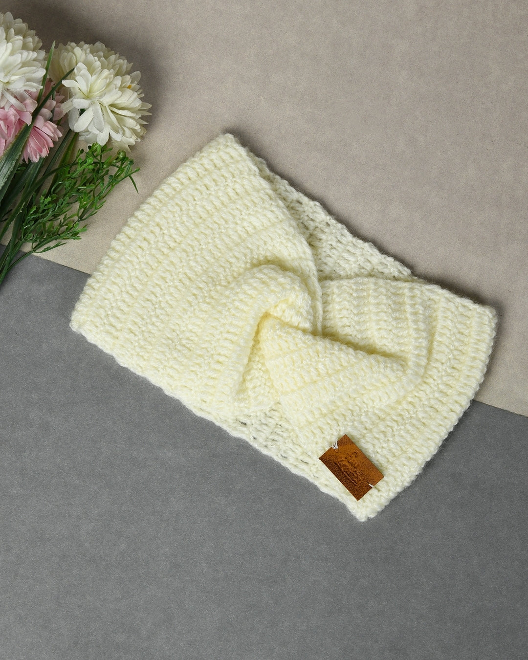 Off White Self Design Handmade Woollen Ear Warmer Muffs Headband for Kids