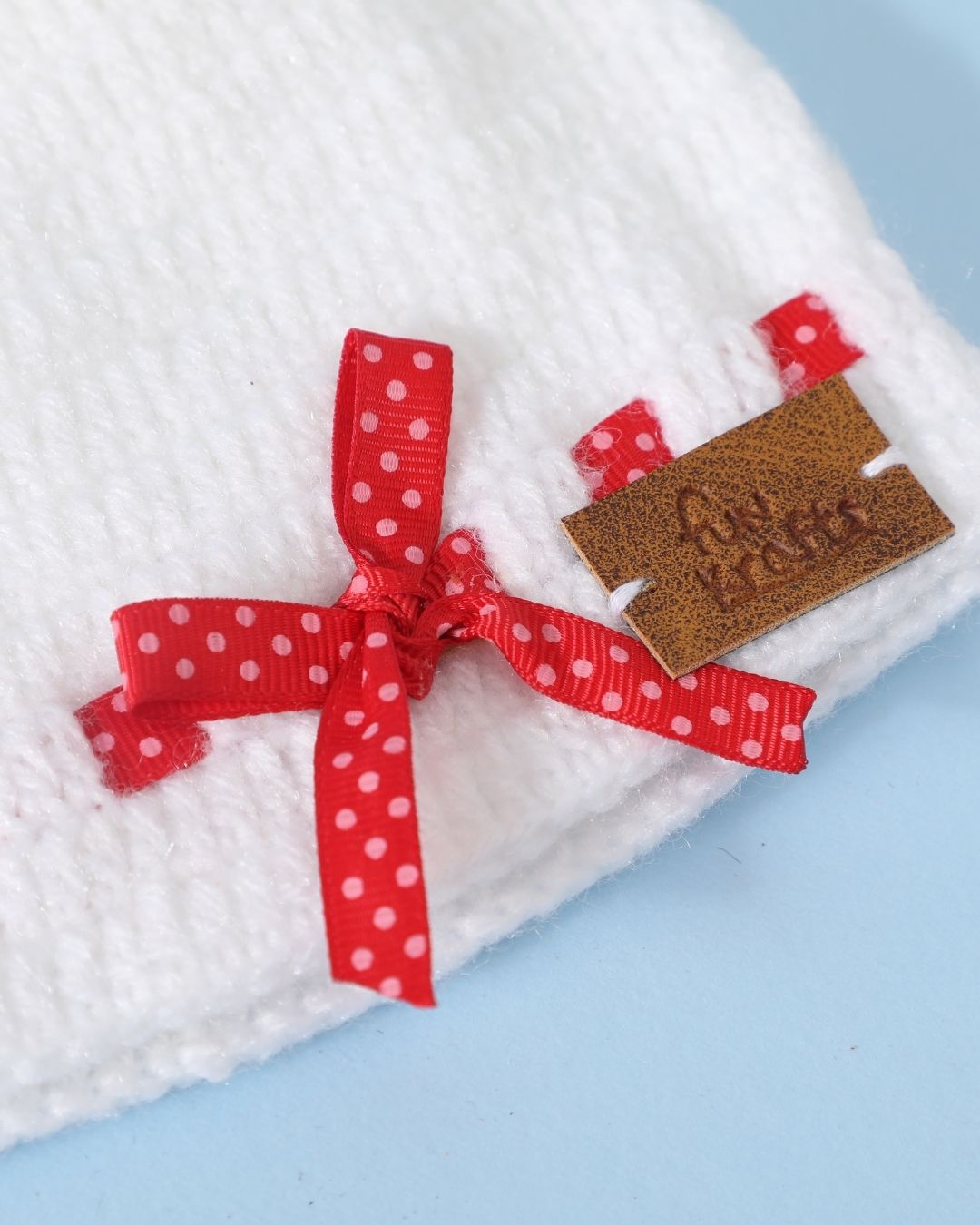 White Self Design Beanie Handmade Knitted Woollen Cap for Girls & Boys