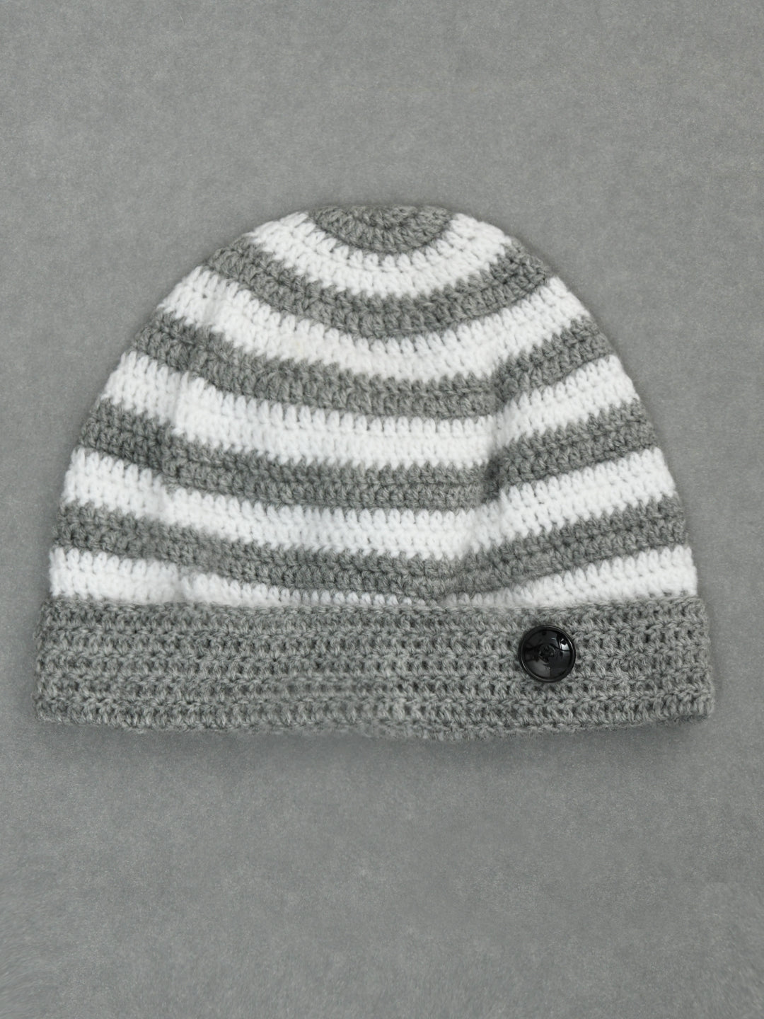 Grey & White Stripes Handmade Soft Woollen Winter Caps for Kids