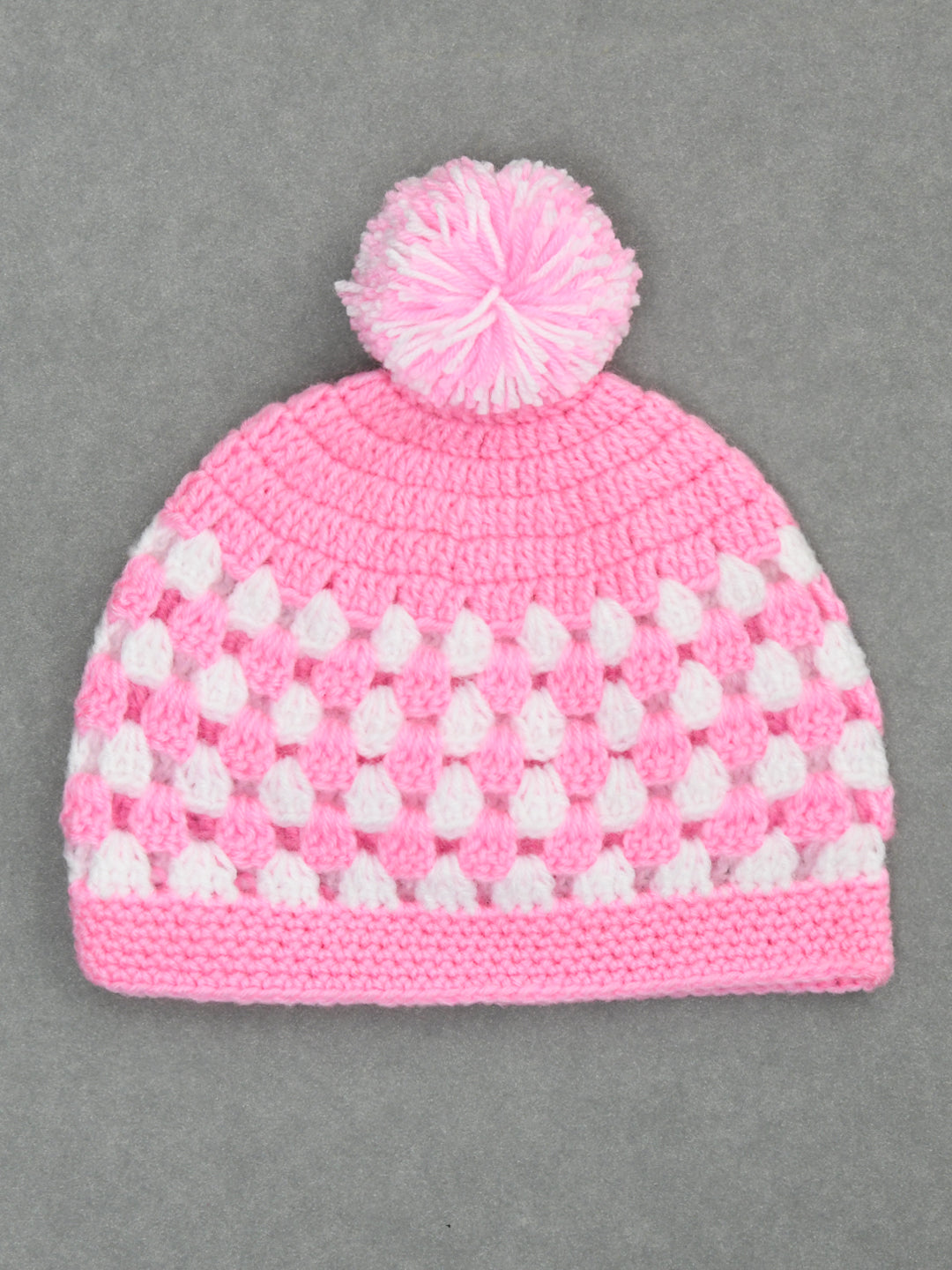Pink & White Handmade Soft Woolen Pom Pom Cap for Kids