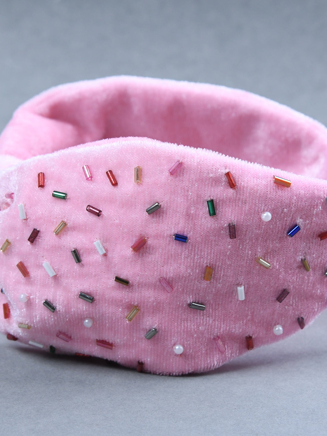 Pink Velvet Knotted Beads Embellished Free Size Hair Band
