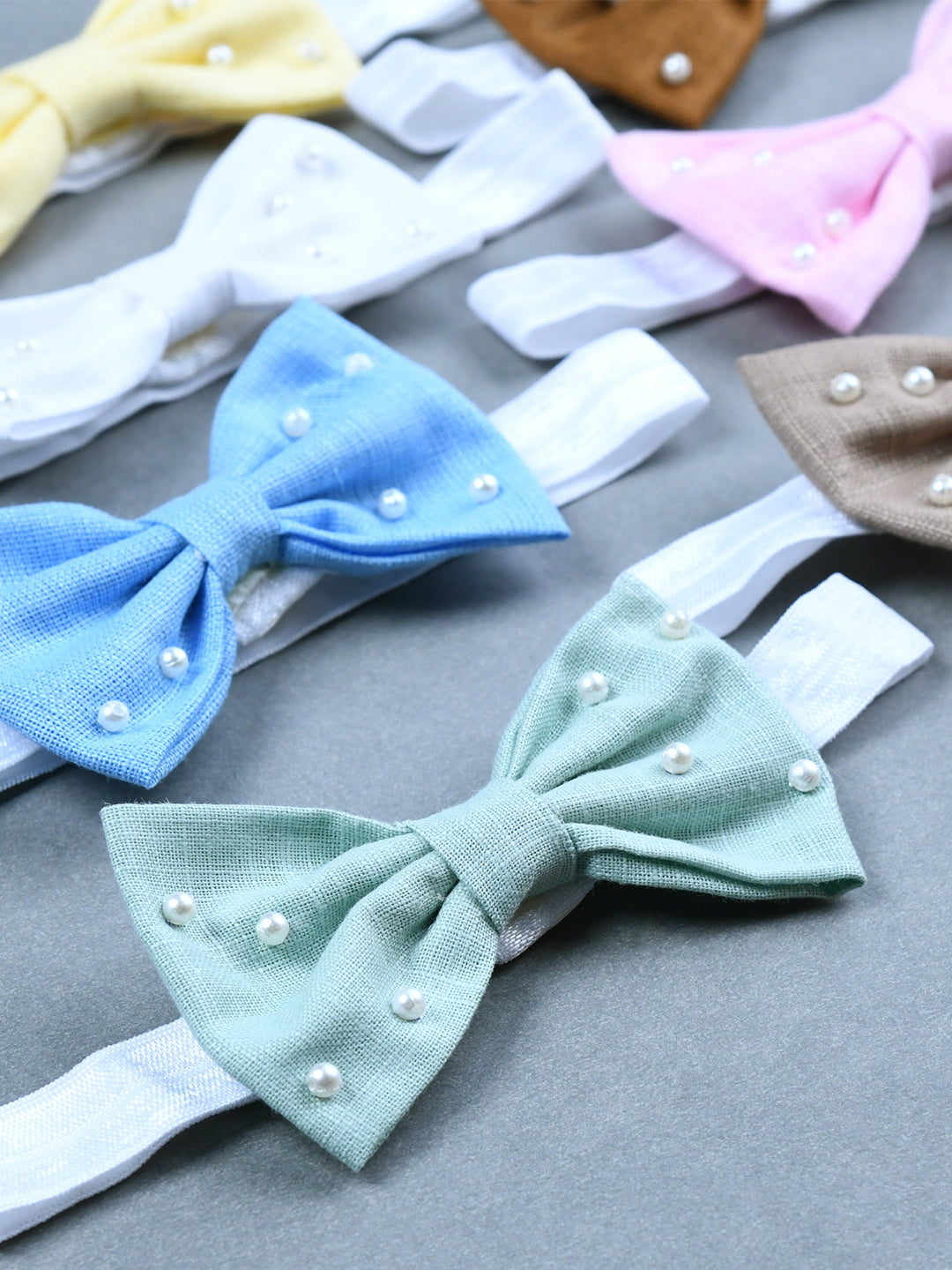 Pack Of 7 Lenin Solid Bow Headbands - Pink, Yellow, Blue, White, Beige, Green, Brown