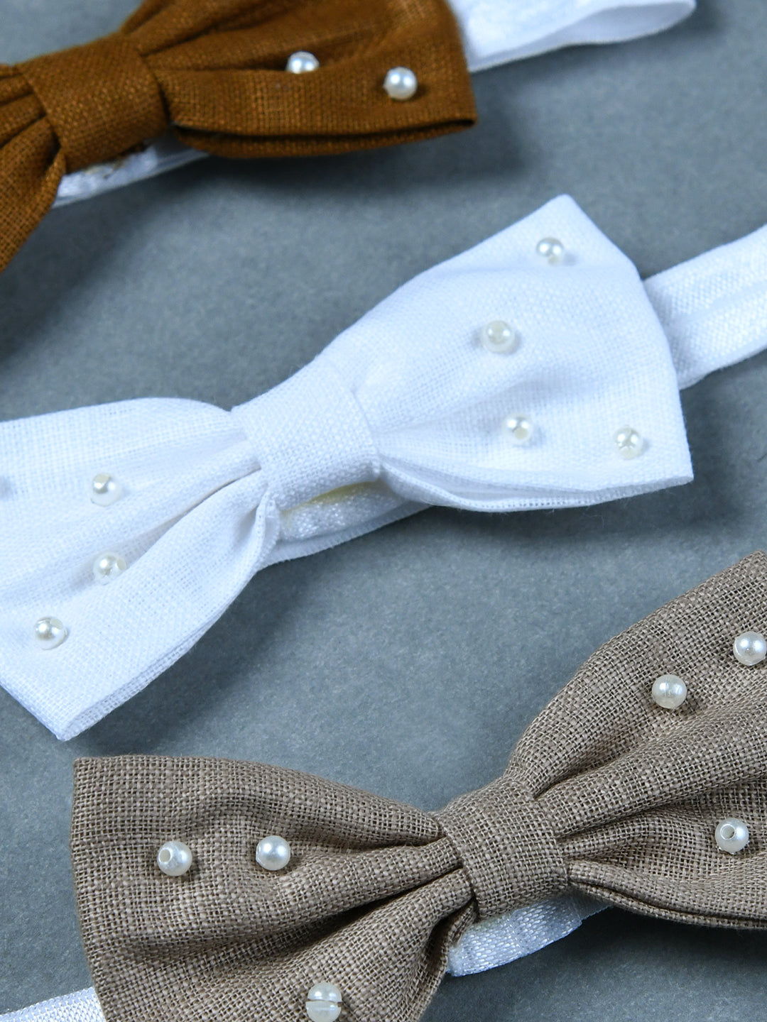 Pack Of 3 Lenin Solid Bow Headbands - Brown, White, Beige
