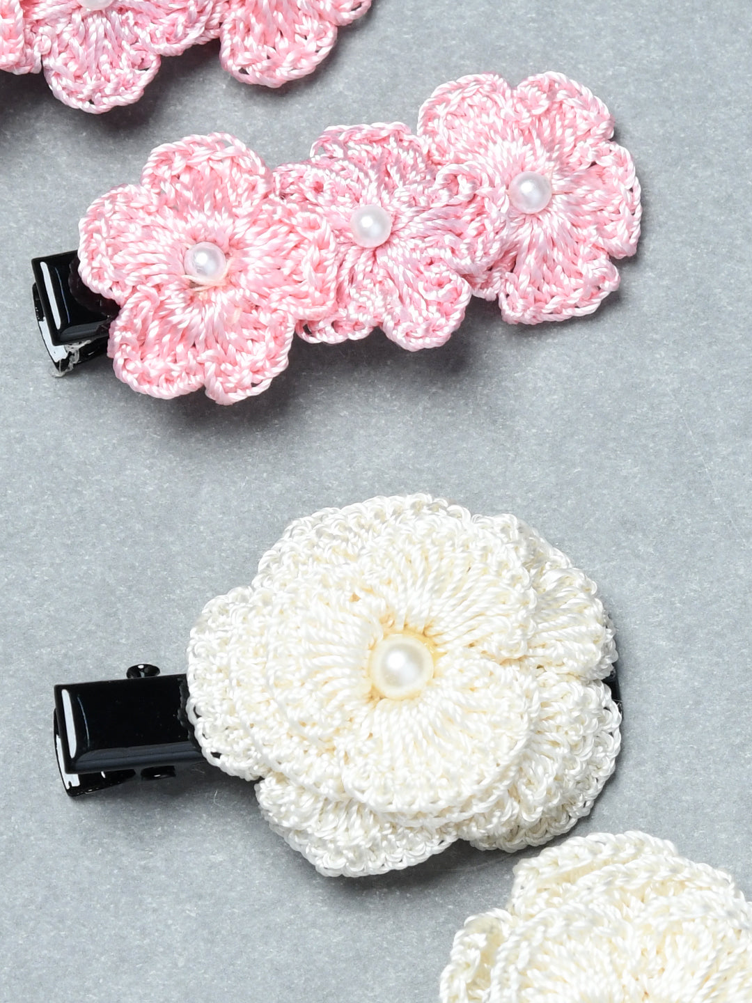 Pack of 4 Handmade Crochet Flower Hair Clips with Pearl