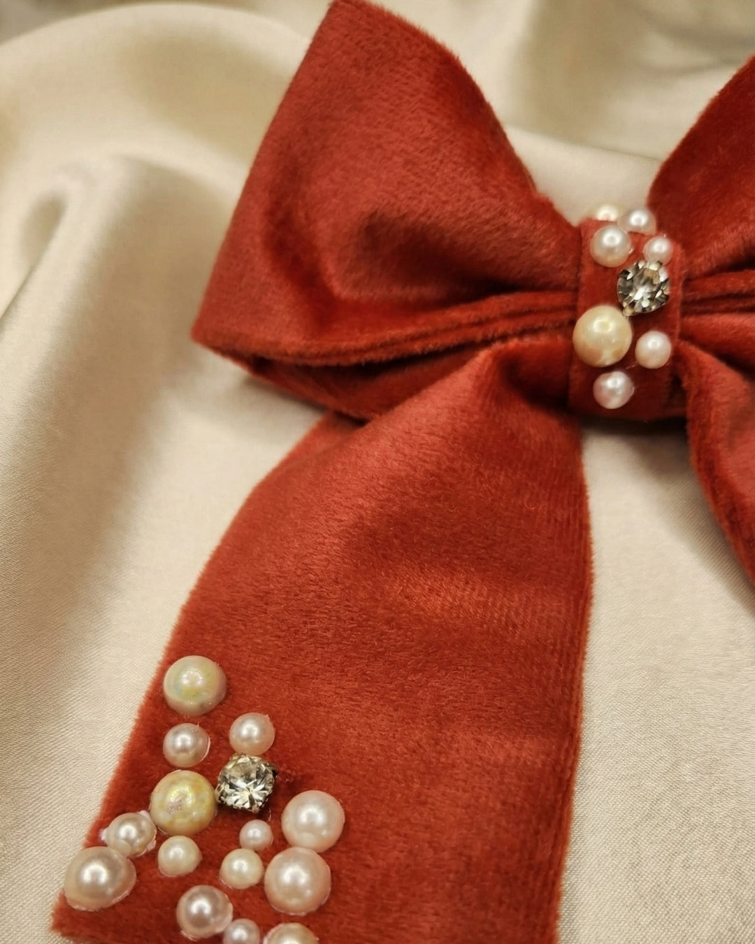 Red Velvet Luxe Solid Embellished Hair Bow With Tail Clip