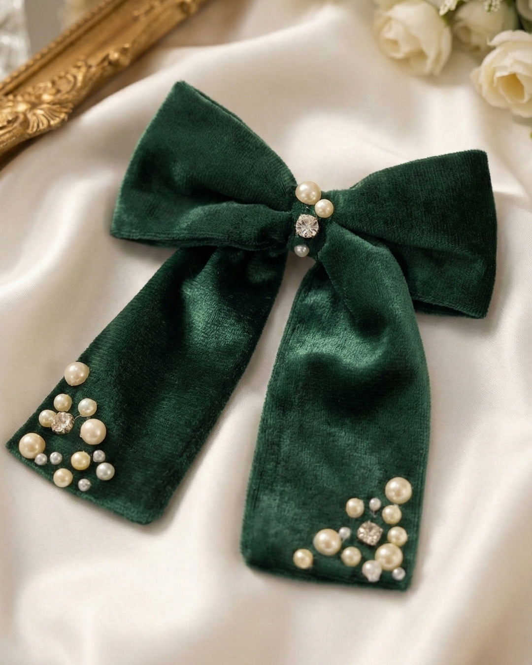 Green Velvet Luxe Solid Embellished Hair Bow With Tail Clip  display picture 2