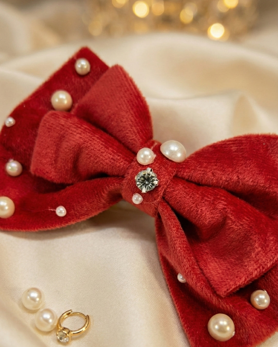 Red Velvet Luxe Solid Embellished Hair Bow Clip