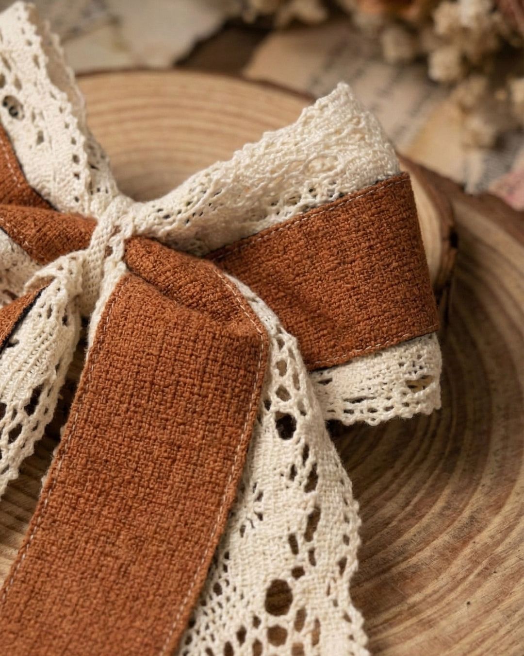 Mustard Brown Velvet & Lace Bow with Tail Alligator Hairclip