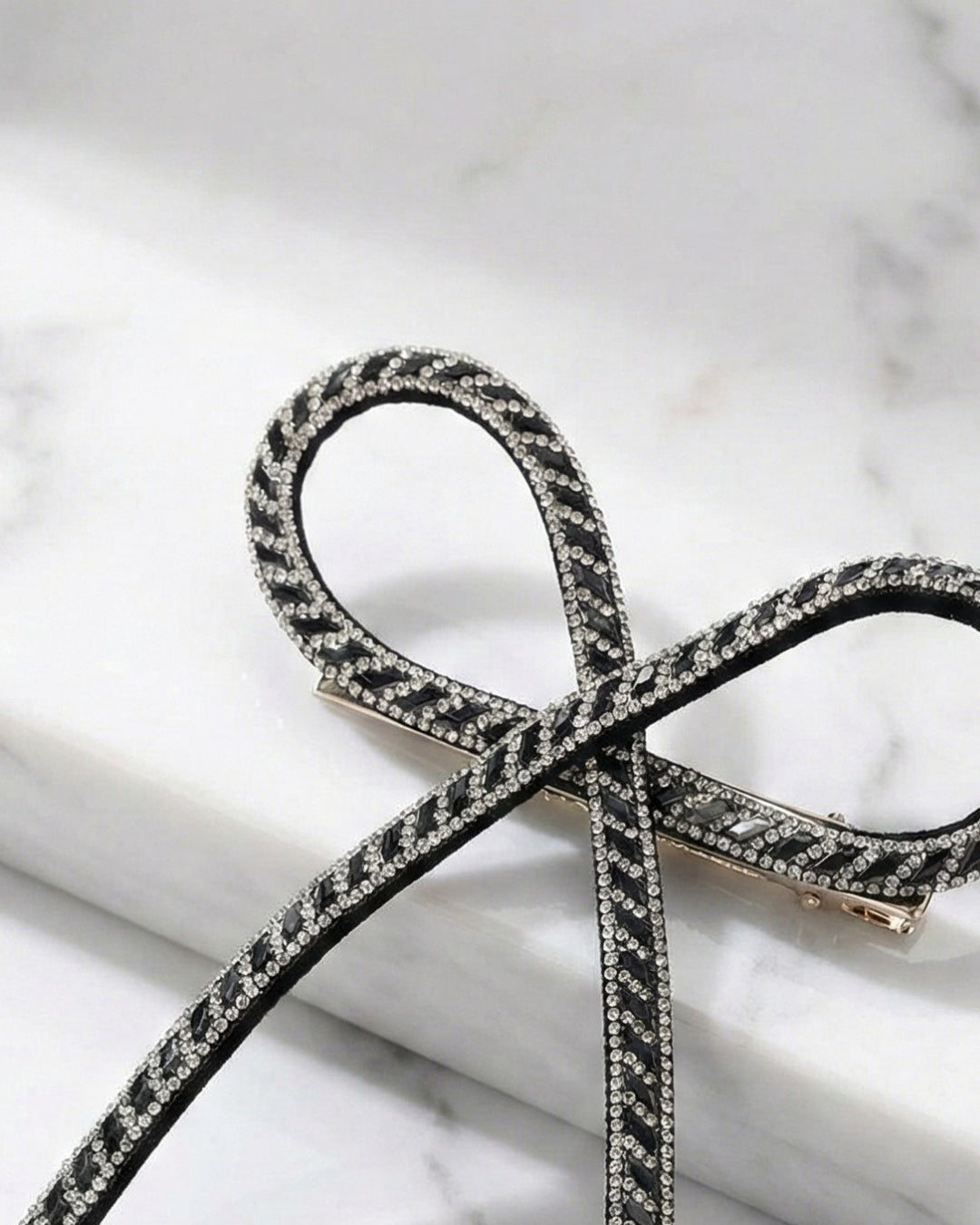 Black & Silver Crystal Hair Bow Barrette Clip