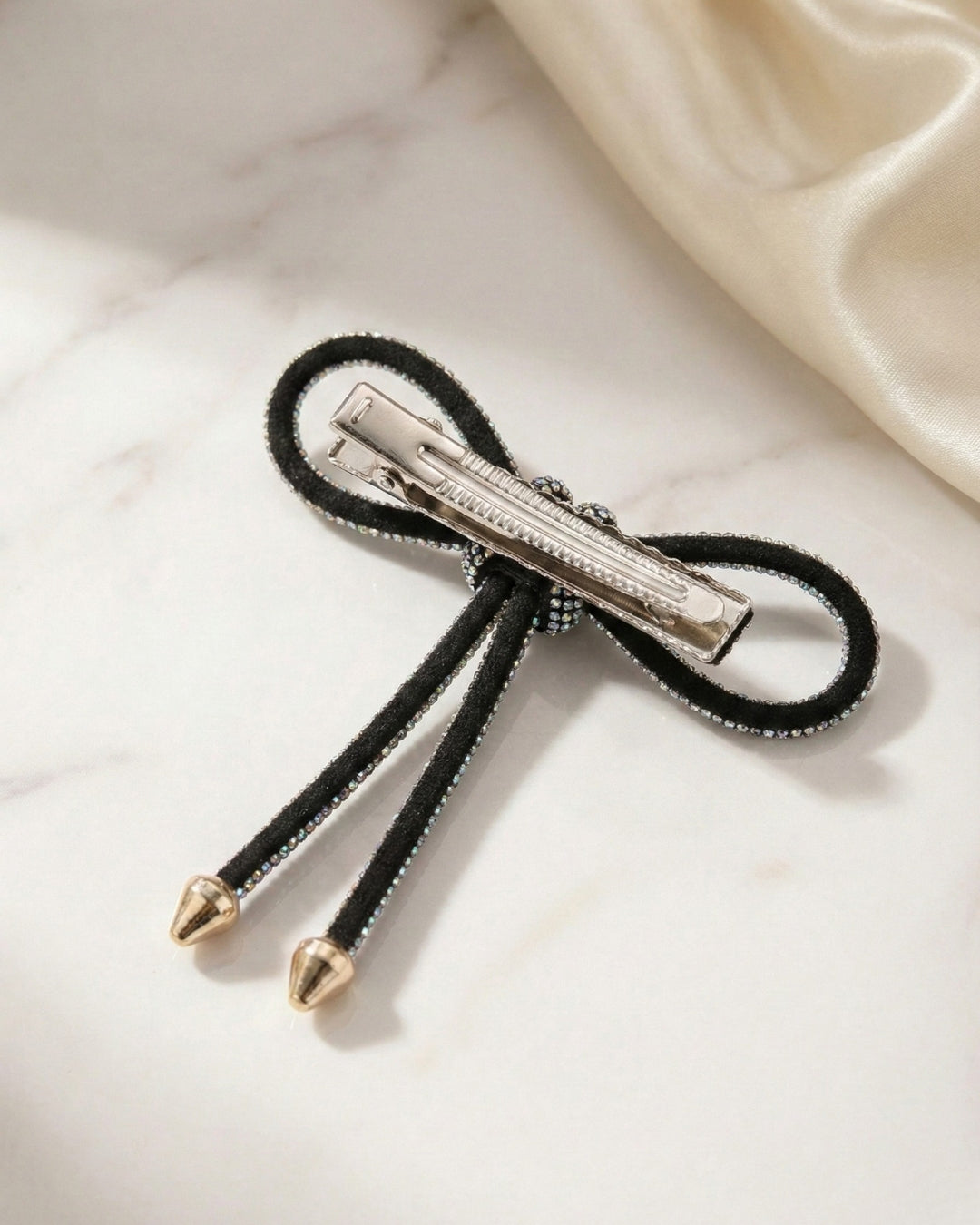 Black & Silver Crystal Hair Bow Barrette Clip