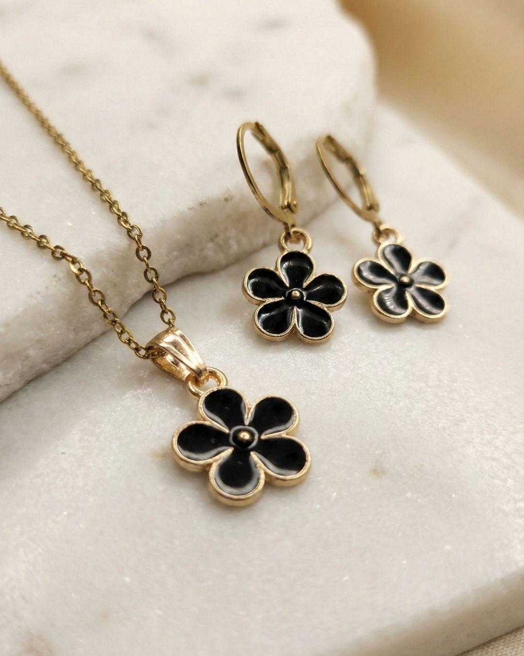 Cute Black Flower Pendant Necklace & Earrings Jewelry Set for Girls