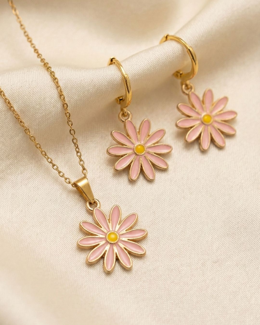 Playful Pink Flower Pendant Necklace & Earrings Jewelry Set for Girls