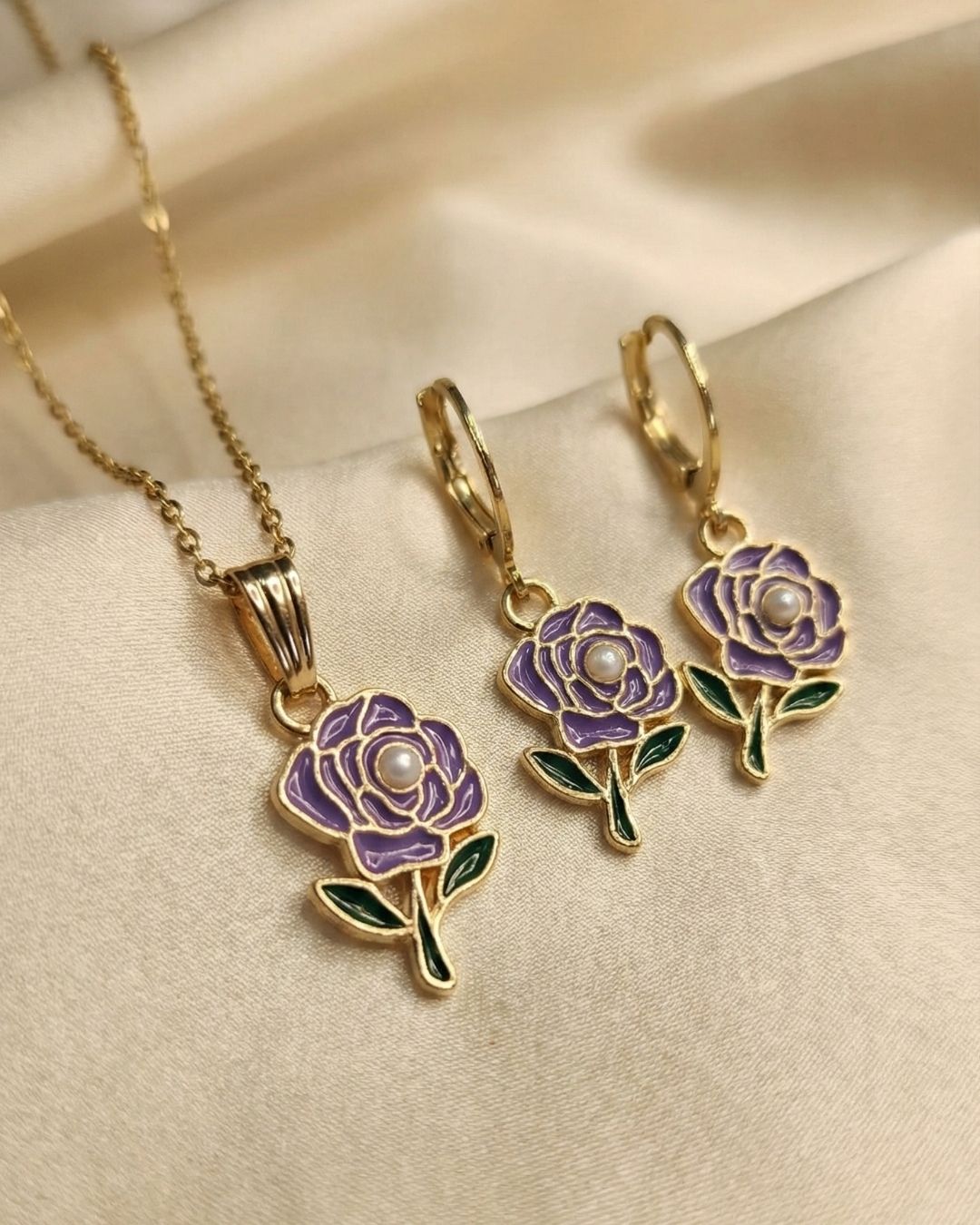 Elegant Purple Rose Pendant Necklace & Earrings Jewelry Set for Girls