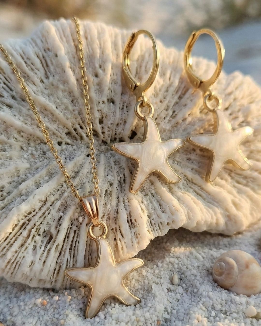 Delicate Ivory Star Fish Pendant Necklace & Earrings Jewelry Set for Girls