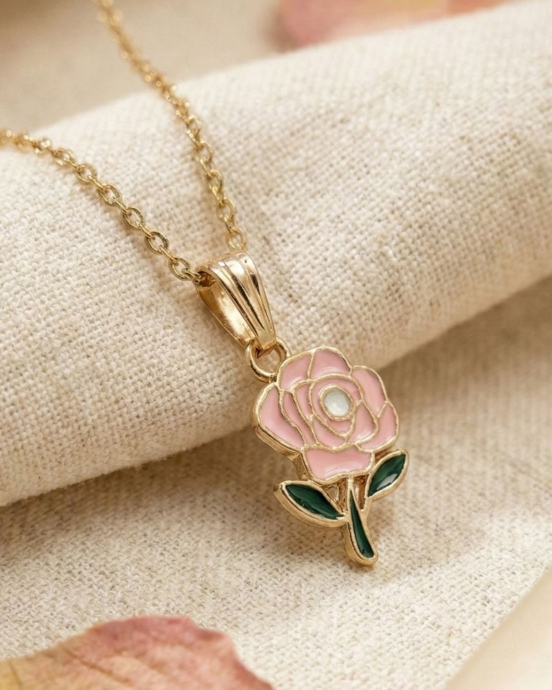 Chic Pink Rose Pendant Necklace Jewelry Set with Chain for Girls