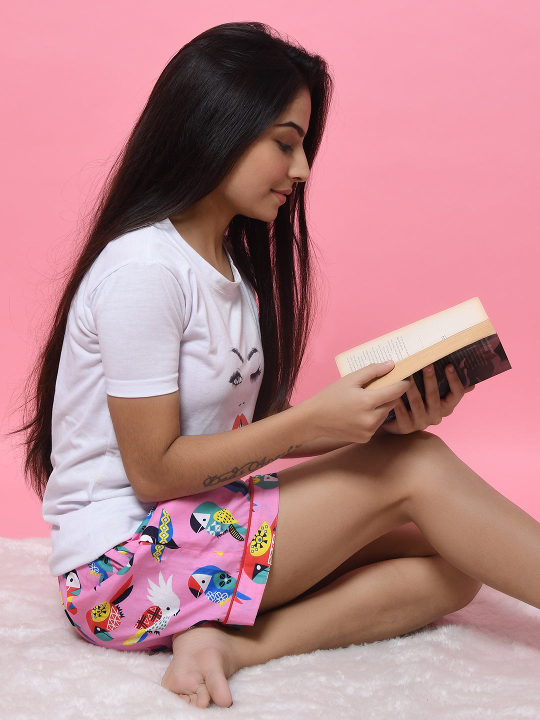 Funkrafts Cotton Woven Knee Length Bird Printed Shorts With Pockets - Pink