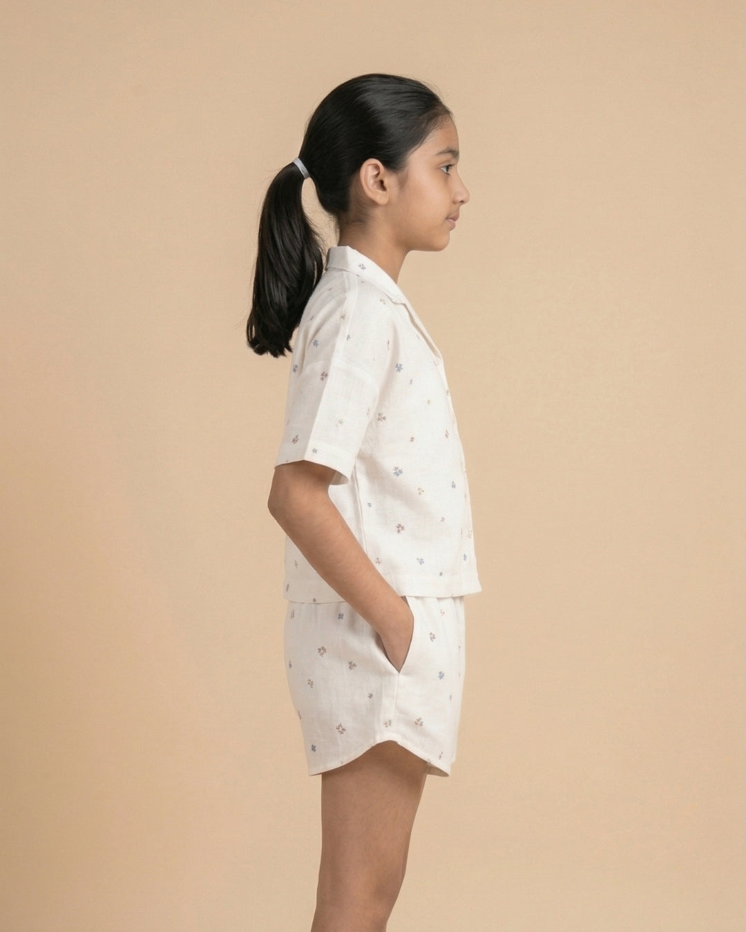 Off White Cotton Double Cloth Floral Print Co Ord Set for Girls
