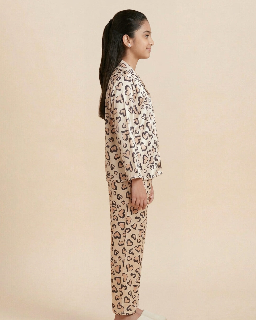 Pink Satin Heart Printed Full Sleeves Collar Night Suit for Girls