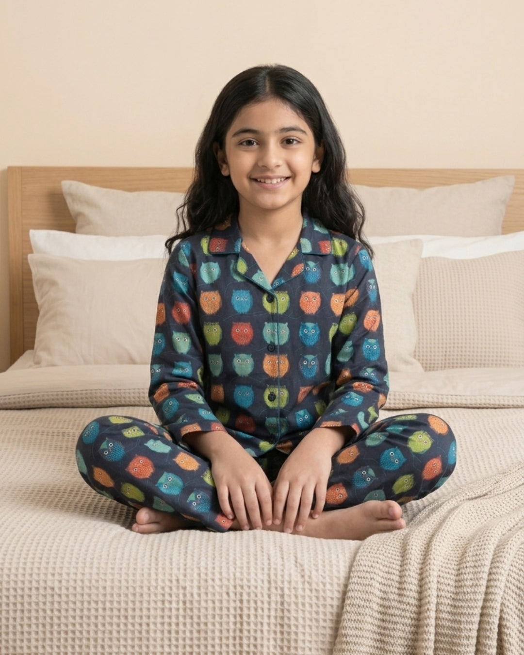 Blue Satin Owl Printed Full Sleeves Collar Night Suit for Girls