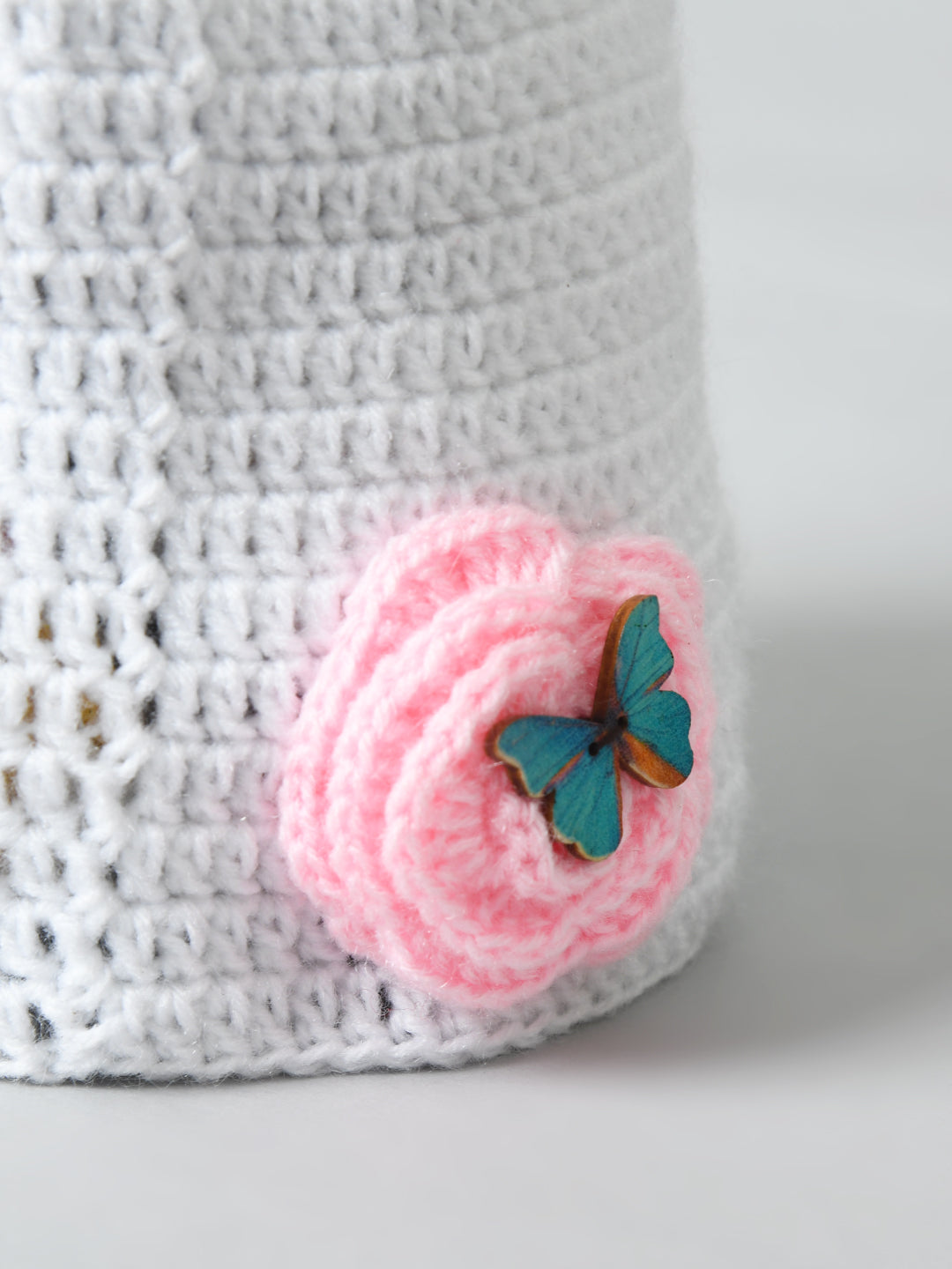 White Handmade Woollen Cap for Girls with Flower