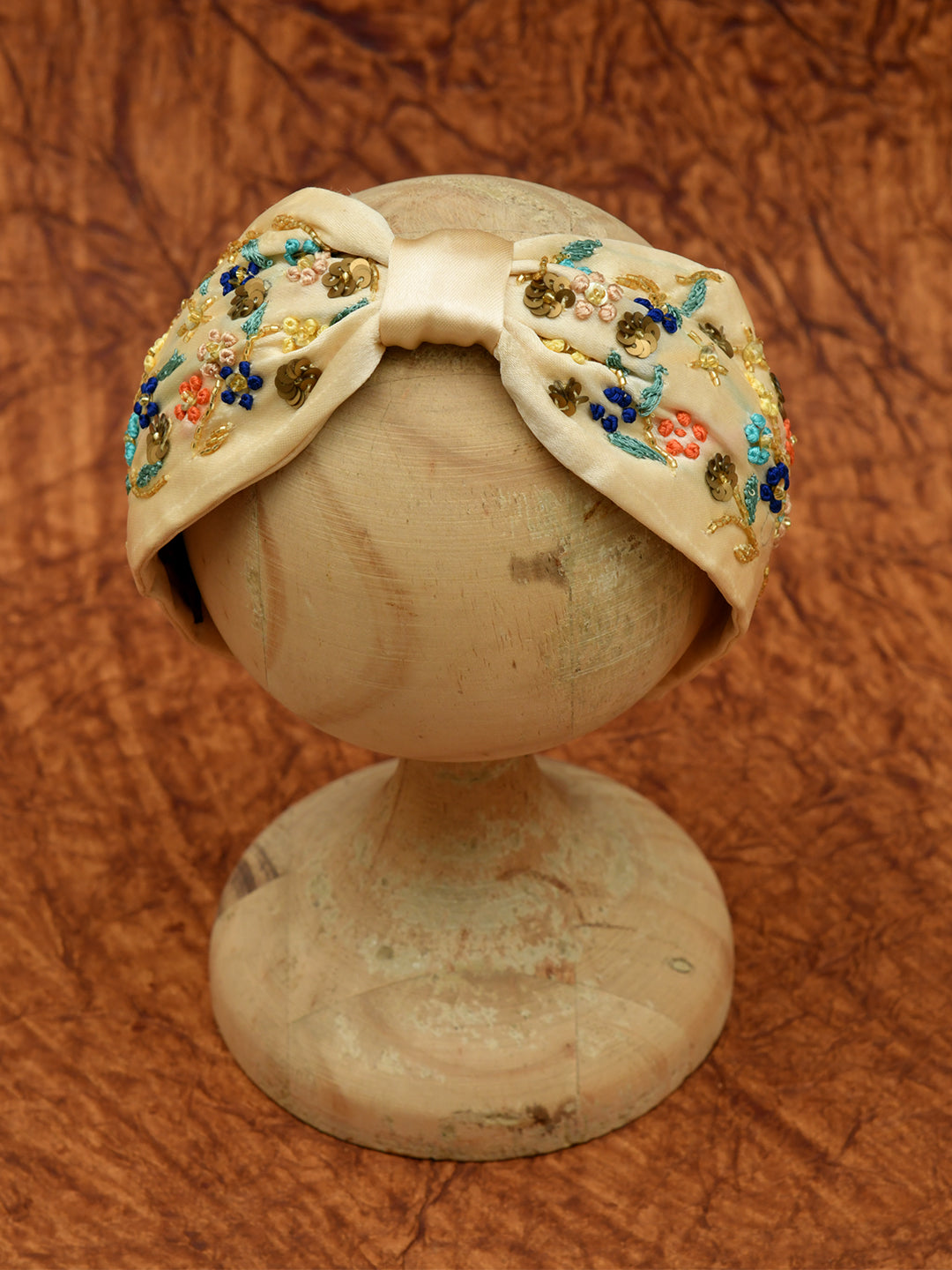 Beige Embroidered Knotted Girls Hairband